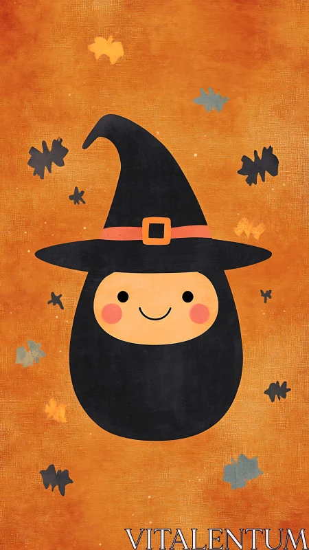 Smiling little witch on a cozy autumn orange backdrop.