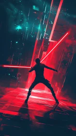 Neon blade duelist storming a glitch-lit cyber corridor.