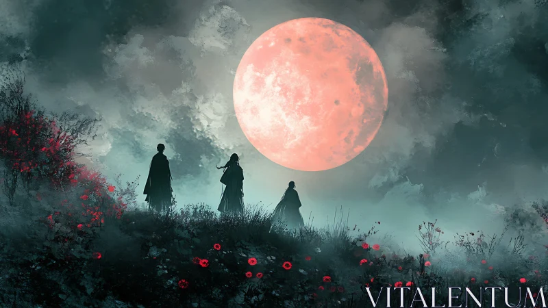 Three wanderers trade secrets with a colossal coral moon