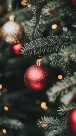 Red Christmas bauble in soft bokeh holiday tree lighting.