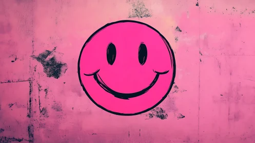 Bold pink smiley graffiti over distressed urban wall.