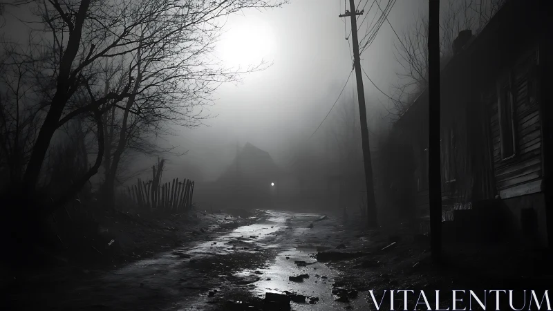 Moonlit ruin road swallowed by fog and spectral silence.
