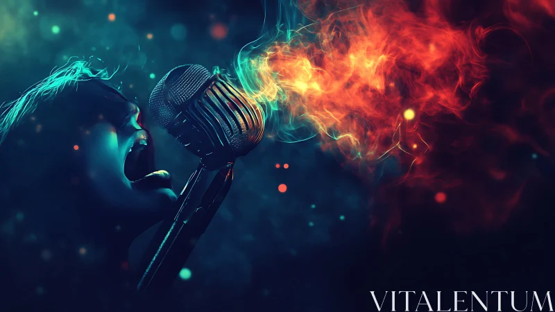 Vocal inferno ignites a retro mic in neon stormlight.