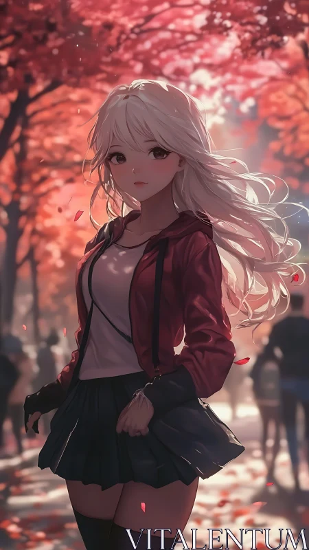 Blonde anime girl walks through autumn park in backlight