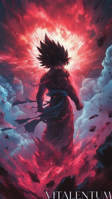 Fiery warrior rises through swirling cosmic storm clouds