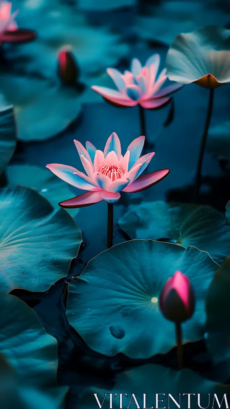 Pink Lotus Blooms in Neon Twilight Waters.