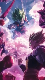 Epic sky duel unites two powerful warriors in glowing clouds