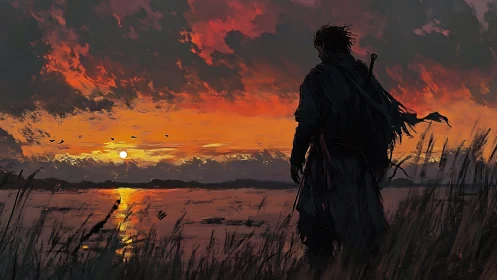 Lone cloaked warrior watches fiery sunset over water.