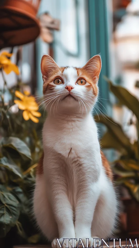 Orange and White Cat Amid Garden Flowers.