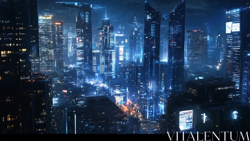 Nighttime futuristic city skyline presents dense illuminated towers