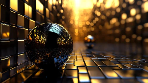 Reflective chrome sphere in glowing golden tech corridor.