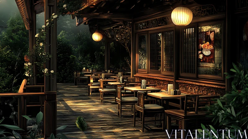 Outdoor wooden dining terrace shows ordered tables and lanterns