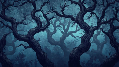 Twisted moonlit forest of gnarled trees in blue fog.