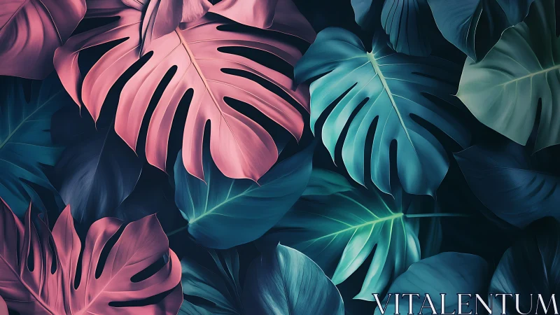 Color-drenched monstera leaves glow in deep tropical shadows.