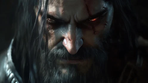 Scarred warrior’s burning gaze pierces the dark silence