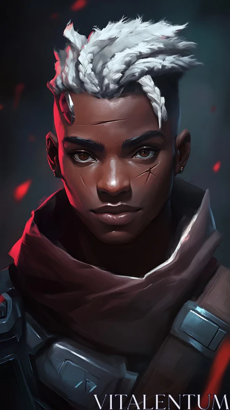 Scarred sci fi scout with white braids under embers glow.