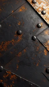 Weathered metal panels glow softly with rust and texture