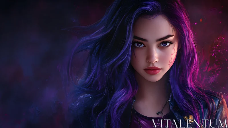 Neon storm hair sweeps around a midnight-gazed rebel queen