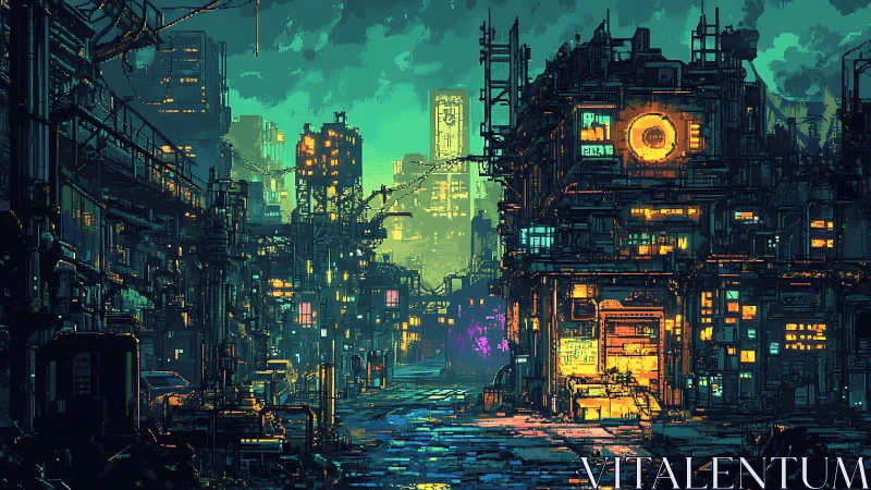 Cyberpunk industrial alley with neon-lit modular high-rises.