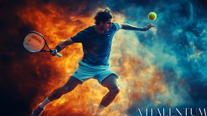Digital render shows tennis player framed by fire and smoke