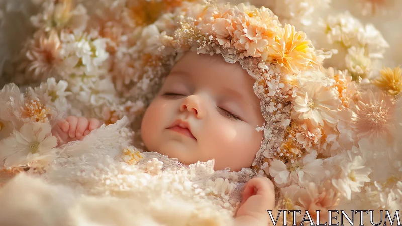 Sleeping Infant Enveloped in Blooming Floral Composition.