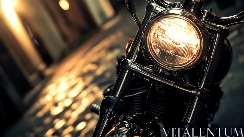 Warm-lit motorcycle headlamp captures urban night atmosphere