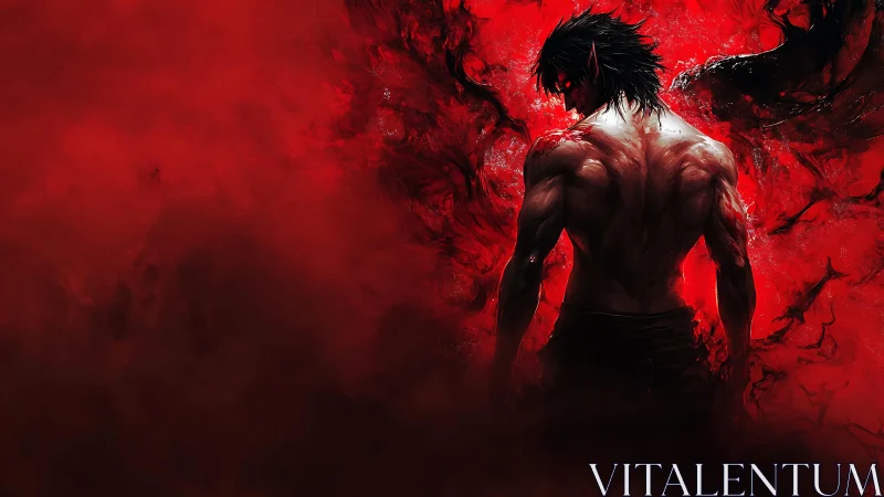 Demonic warrior backlit by turbulent red energy cloud gradients