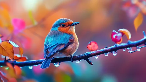 Vibrant blue and orange bird perched on a branch, dreamy bokeh style.