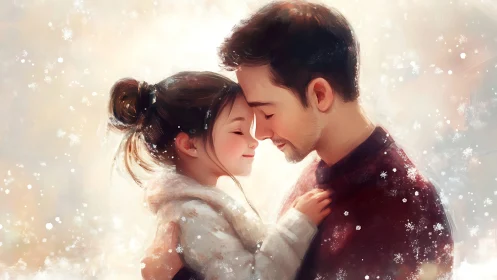 Couple Embracing in Falling Snowflakes, Intimate Winter Moment