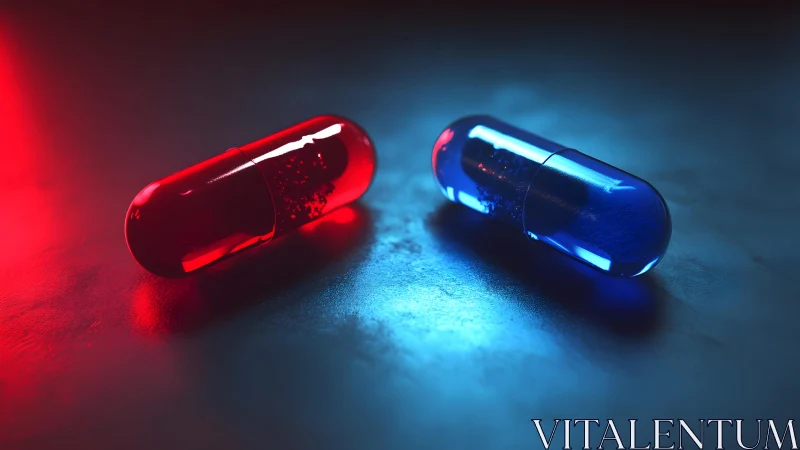 Red and Blue Capsules on Metallic Surface, Cinematic Lighting.