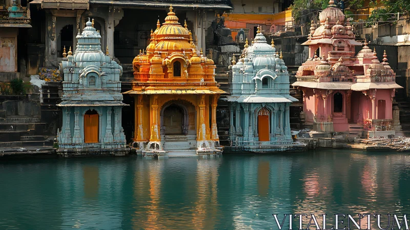Colorful riverside shrines mirrored in tranquil green water.