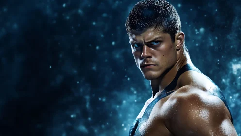 Intense athlete portrait amid deep blue cinematic haze.