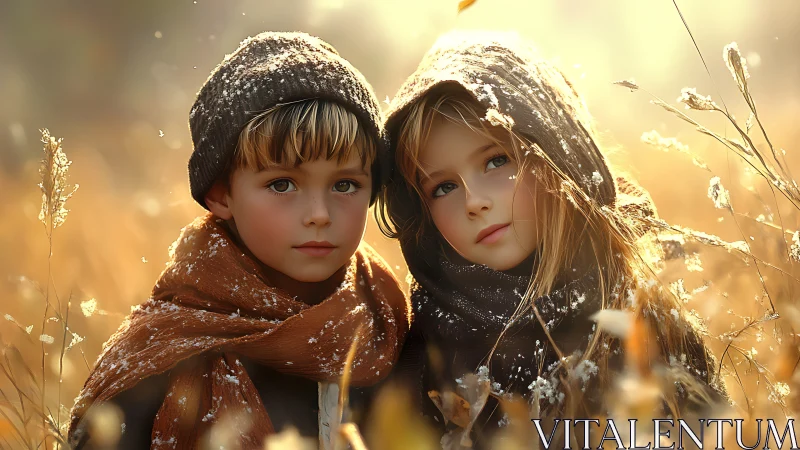 Two Children in Winter Frost with Golden Sunlit Field.