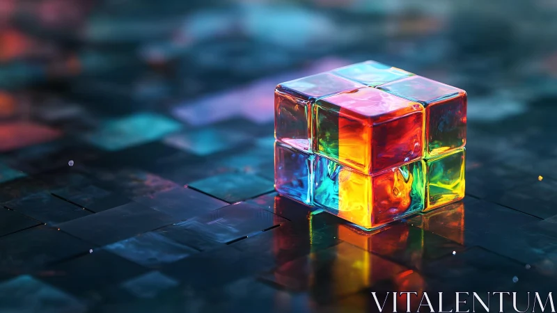 Translucent multicolor glass cube on dark tiled surface.