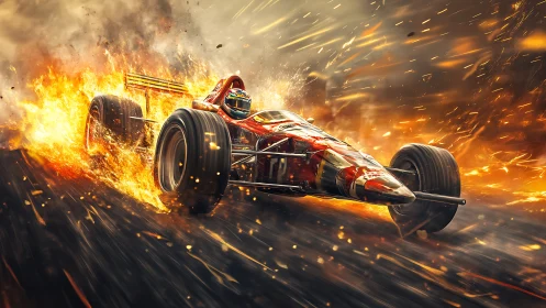 Flaming race car charges forward in a storm of blazing speed