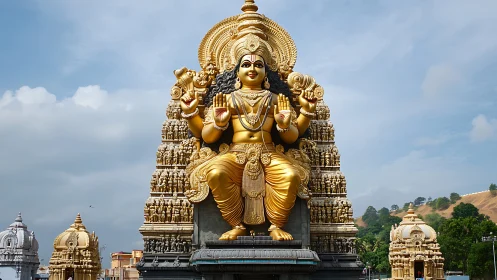 Monumental golden deity sculpture in symmetrical temple gopuram.