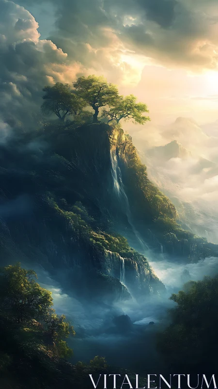 Sunlit cliffside sanctuary above cascading misty falls.