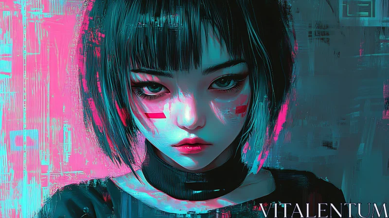 Cyberpunk portrait with neon cyan-magenta split lighting and glitch artifacts