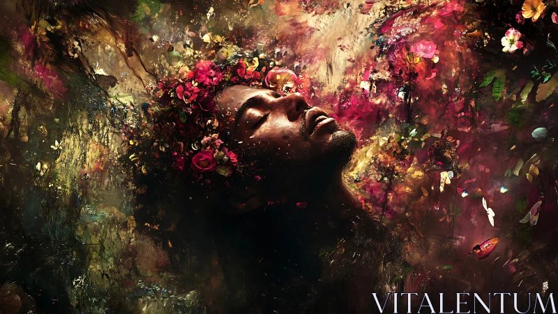 Human face merged with dense abstract floral textures.
