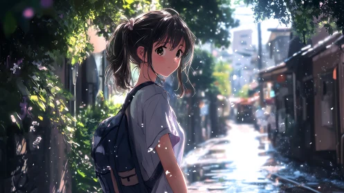 Backlit anime girl in wet alleyway with volumetric bokeh lighting