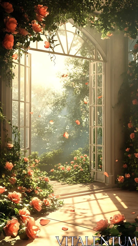 Sunlit garden room with open doors and climbing roses.