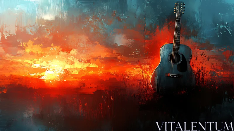 Acoustic guitar stands against vivid red and blue sunset sky.