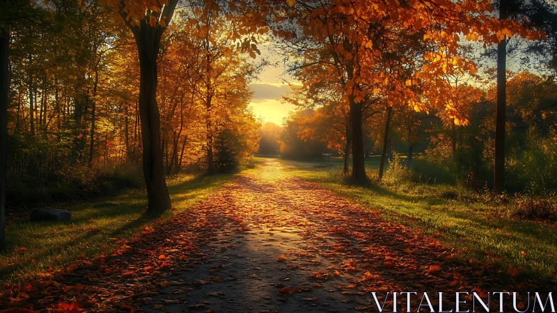 Backlit autumn forest path with golden hour rim lighting details.