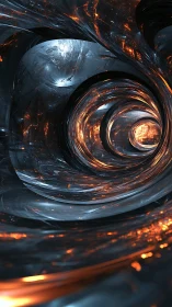 Metallic spiral tunnel with glowing orange light cores.