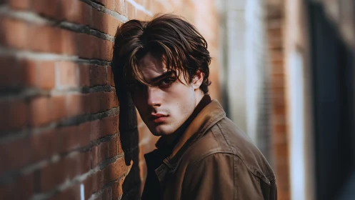 Side portrait of man standing against shallow-focus brick wall