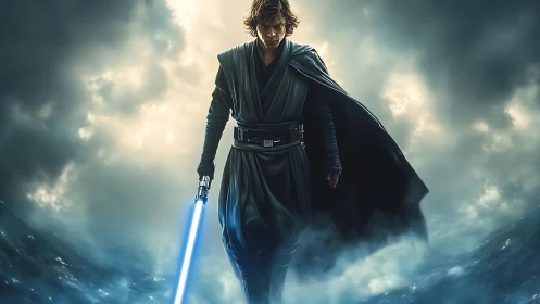 Cloaked warrior with blue energy blade in storm-lit atmospheric fog