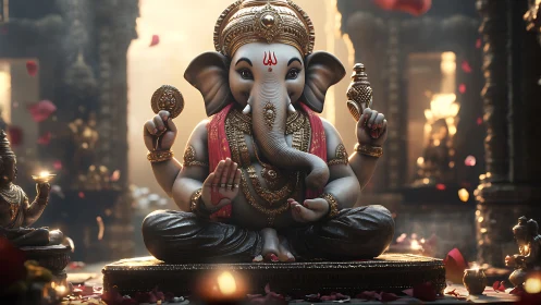 Highly detailed Ganesha deity statue in warm temple lighting