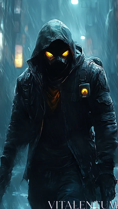 Hooded cyber stalker with burning eyes in neon rainstorm.