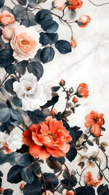 Coral and white roses with dark foliage on marble ground.