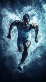 Explosive sprinter emerges through water in cinematic motion.
